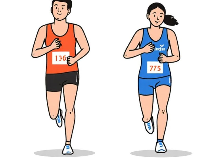 A drawing of two happy smiling runners on a trail, highlighting the benefits of a DIY sports massage for recovery.
